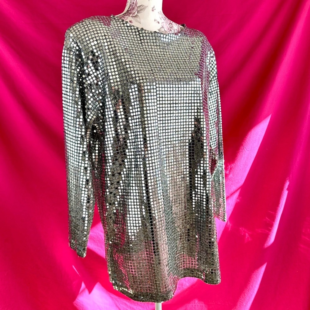 Vintage Silver Metallic Liquid Metal Top Tunic Medium 1980s Disco Party Glam - Picture 6 of 17